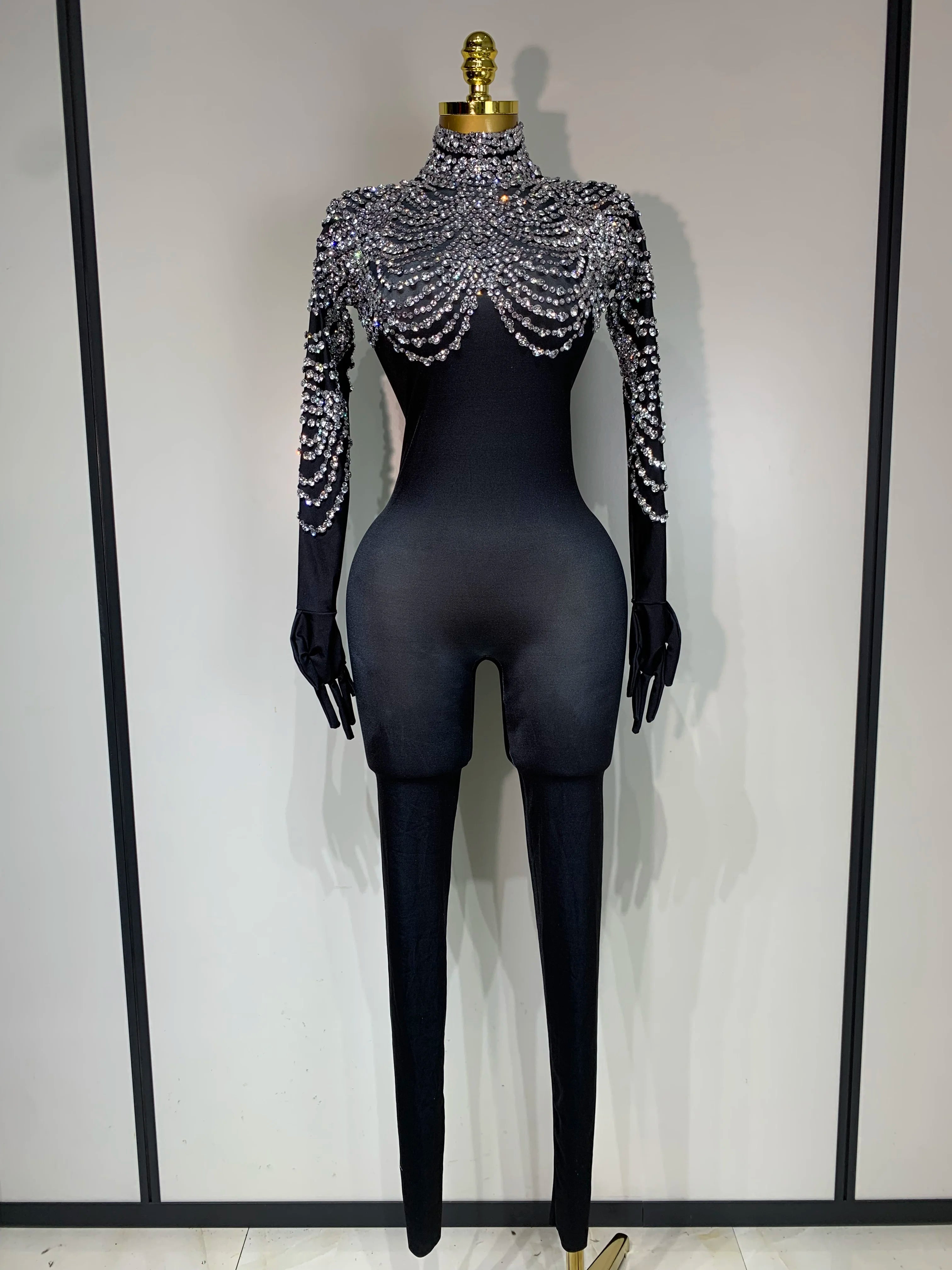 Stock Women Sexy Nightclub Evening Party Drag Queen Singer Dancer Stage Performance Costume Luxury Rhinestone Stretch Jumpsuit style 2