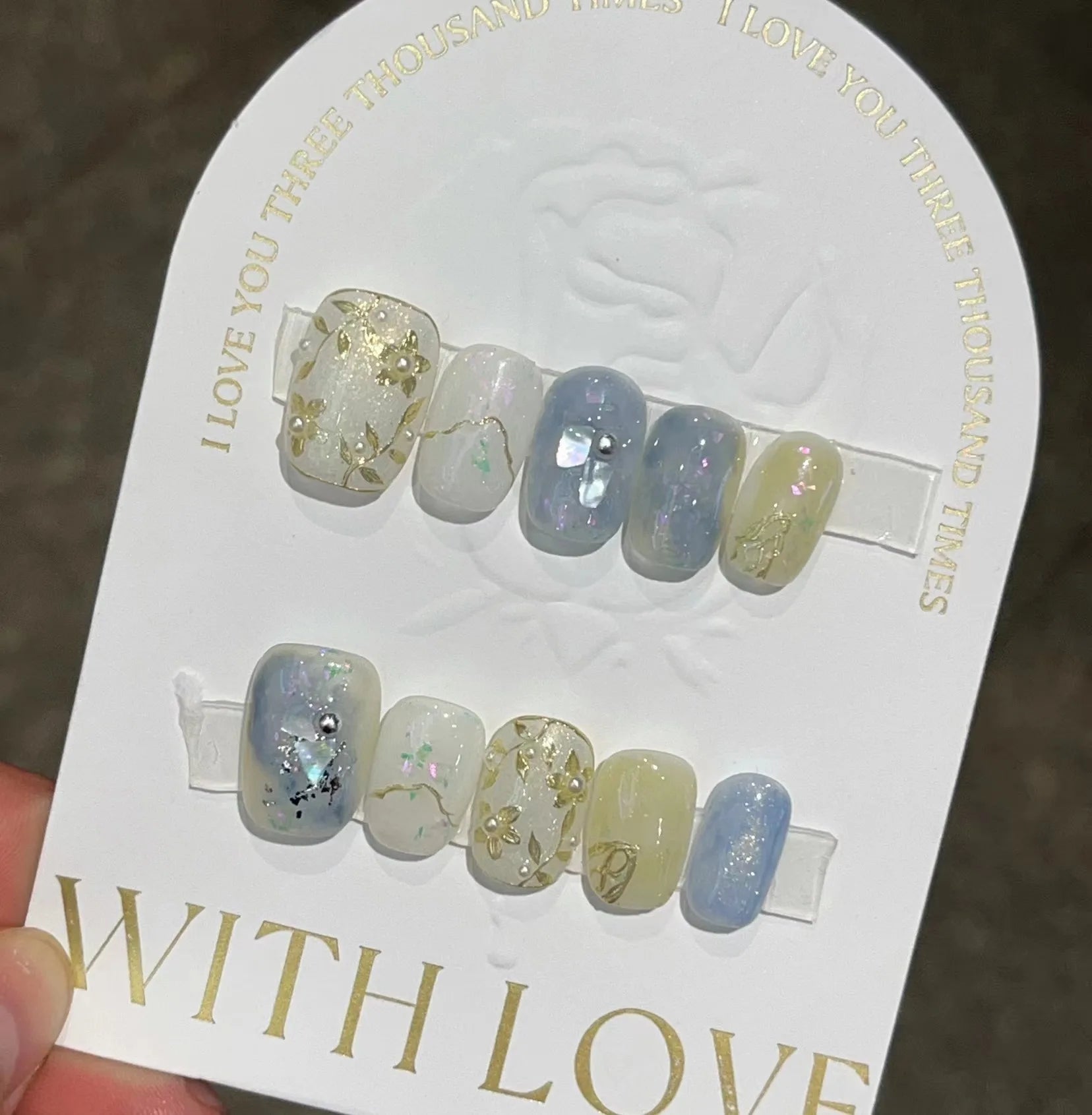 10Pcs Floral Leaves Ballerina Handmade Fake Nails Short Shimmery Press on Acrylic Nail Autumn Winter False Gel Nail Manicure Tip