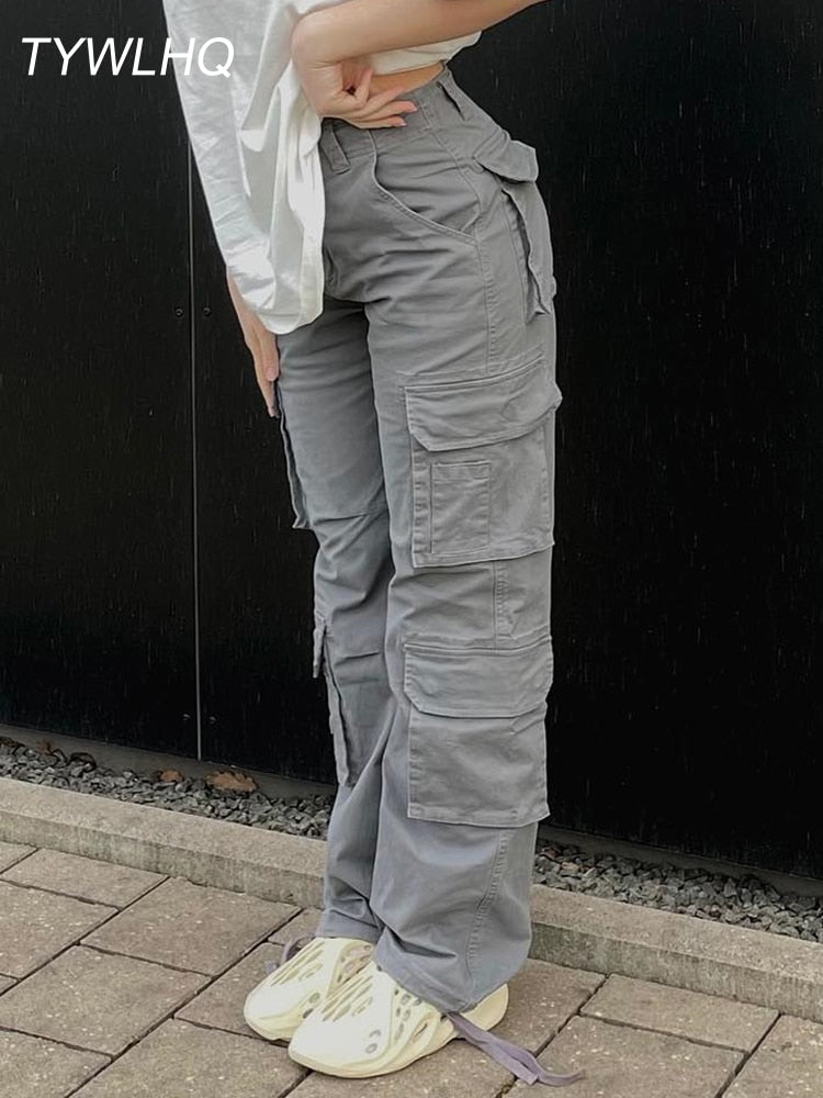 Vintage Cargo Pants Baggy Jeans Women Fashion 90s Streetwear Pockets Wide Leg High Waist Straight Y2k Denim Trousers Overalls