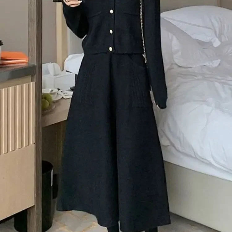 Autumn Winter Warm Wool Knitting Long Skirts Women High Waist with Pocket Loose Female Solid Knit Mid-Calf Skirt B790