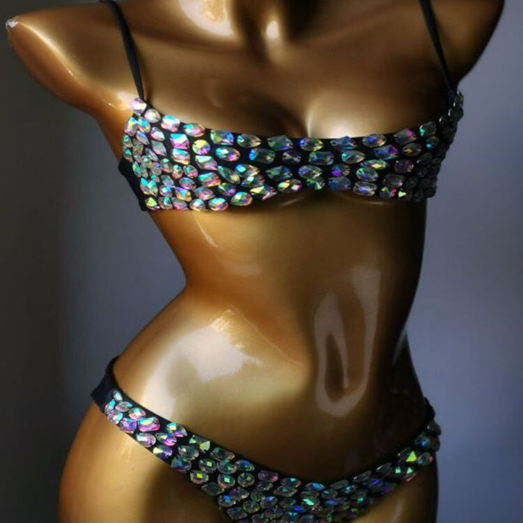 Swimwear Bikini Sets Swimsuit 2024 Summer Beach Shiny Crystal Rhinestone Padded Push Up Bikinis Set Outfits For Women Black 6