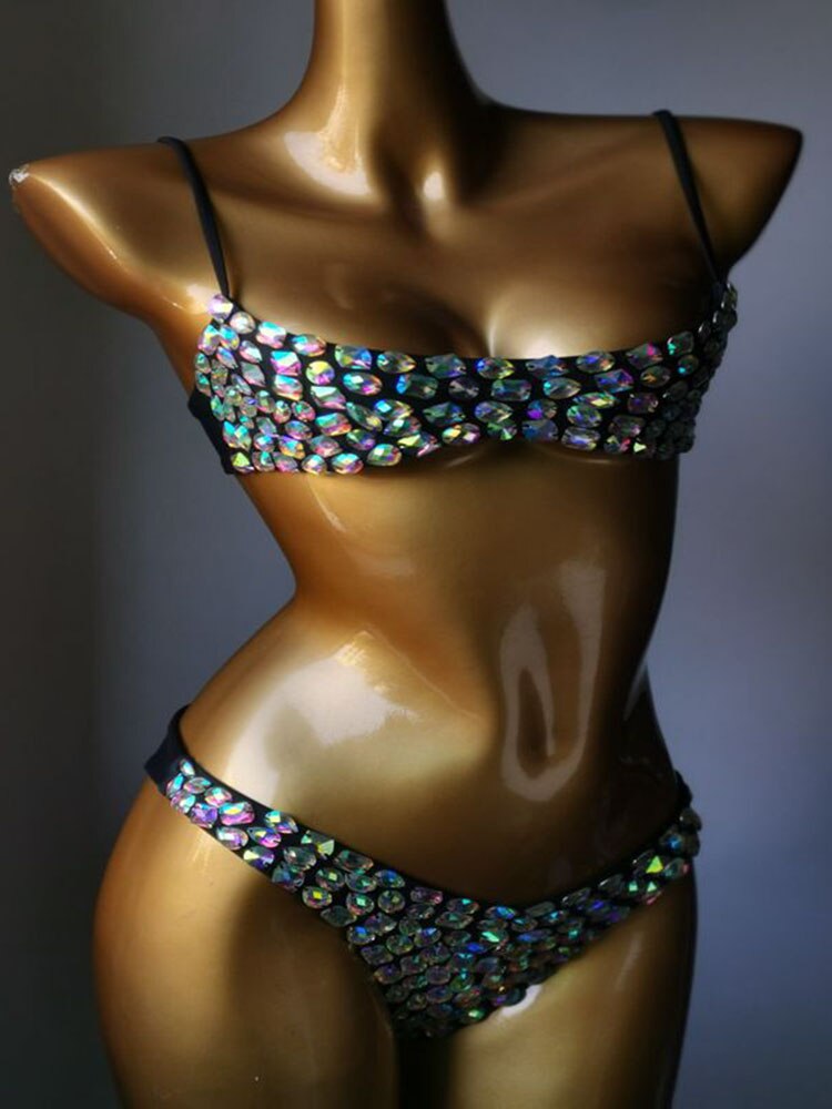 Swimwear Bikini Sets Swimsuit 2024 Summer Beach Shiny Crystal Rhinestone Padded Push Up Bikinis Set Outfits For Women Black 6
