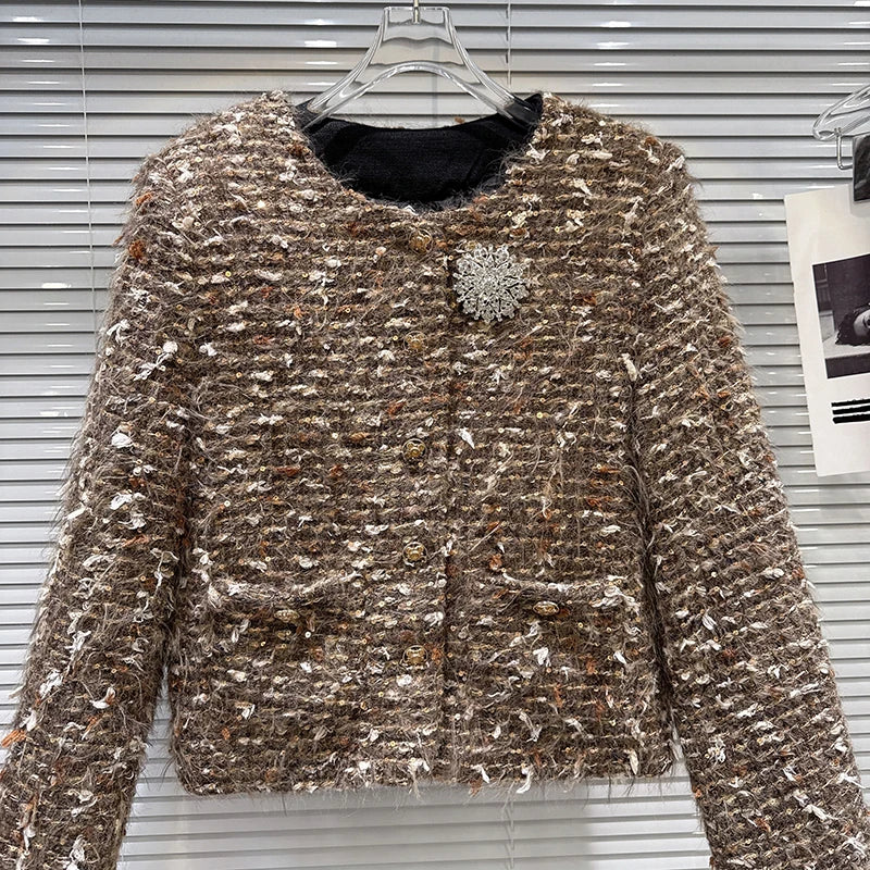 Winter New Fashion Style Rhinestone Flower Pin Knitted Thick Tweed Cotton Inner Short Coat For Women Jacket 11A07835