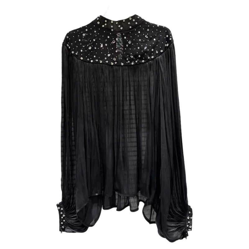 Winter New Fashion Diamond Design Loose Heavy Chiffon Blouse For Women Casual Versatile Shirts Female Trend 11A07689