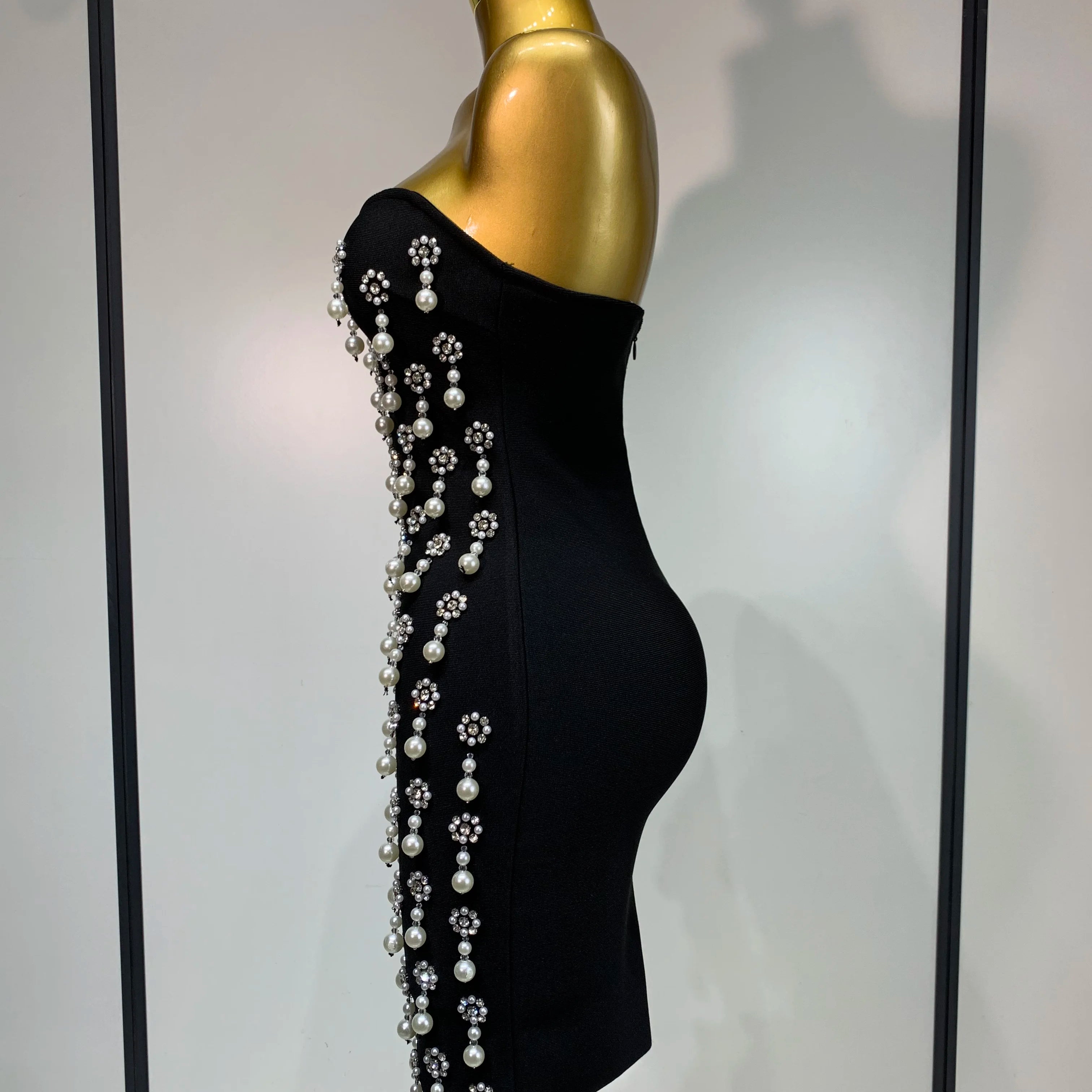 High Qualit Pearl Rhinestones Bodycon Strapless Mini Dress Women Sexy Backless Fashion Evening Party Club Luxury Birthday Dress