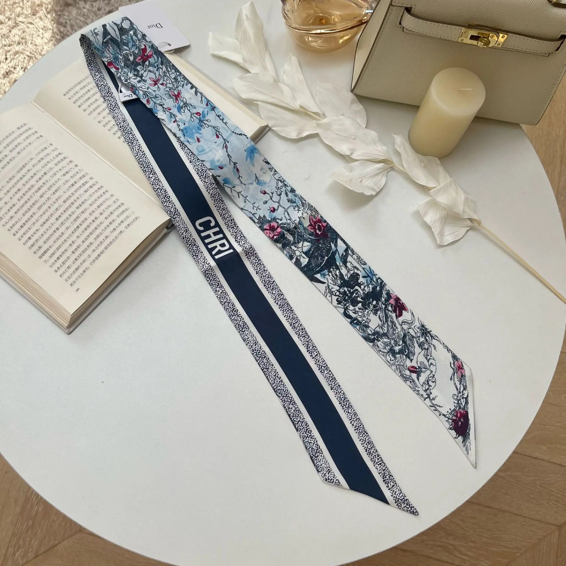 Brand CD Butterfly Around the World Women's Ribbon Scarf Twill Silk Mulberry Silk Long Small Silk Scarf Neckerchief Bags Tie tuzi blue