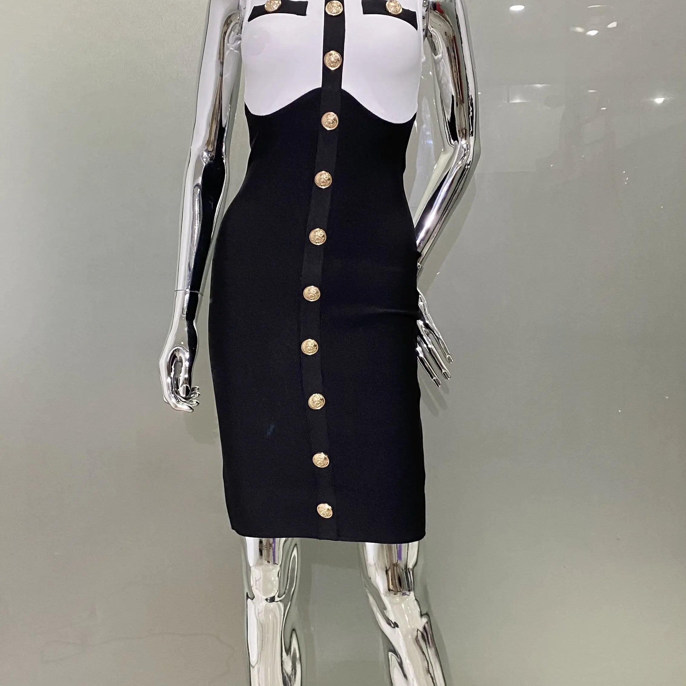 New Arrivals Fashionable Women's Bandage Set Golden Buttons White Patchwork Black Coat And Sleeveless Bodycon MIini Dress Dress