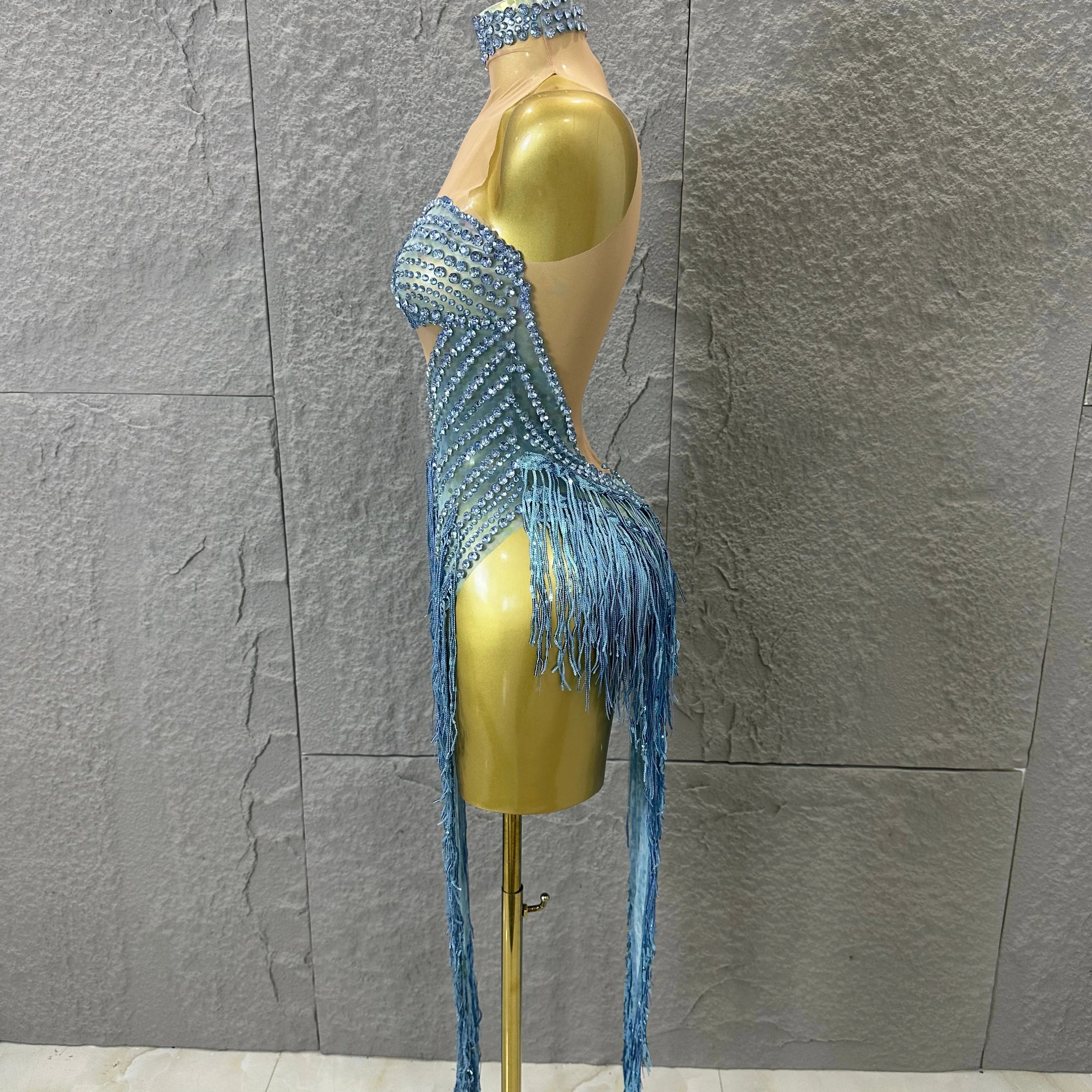 Glamorous Sky Blue One Shoulder Crystal Beaded Asymmetrical Tassel Dress Evening Birthday Nightclub Dance Banquet Outfit