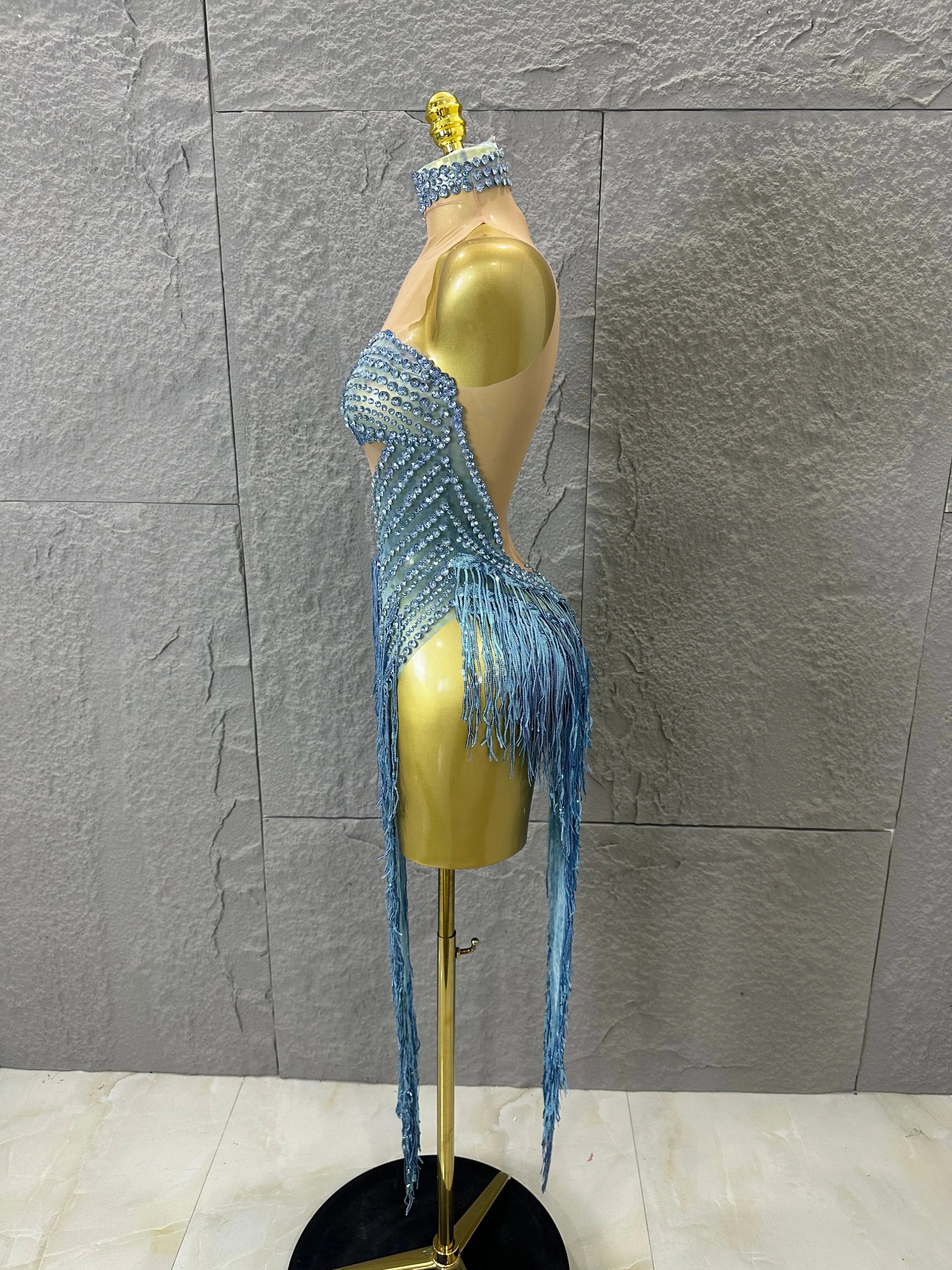 Glamorous Sky Blue One Shoulder Crystal Beaded Asymmetrical Tassel Dress Evening Birthday Nightclub Dance Banquet Outfit