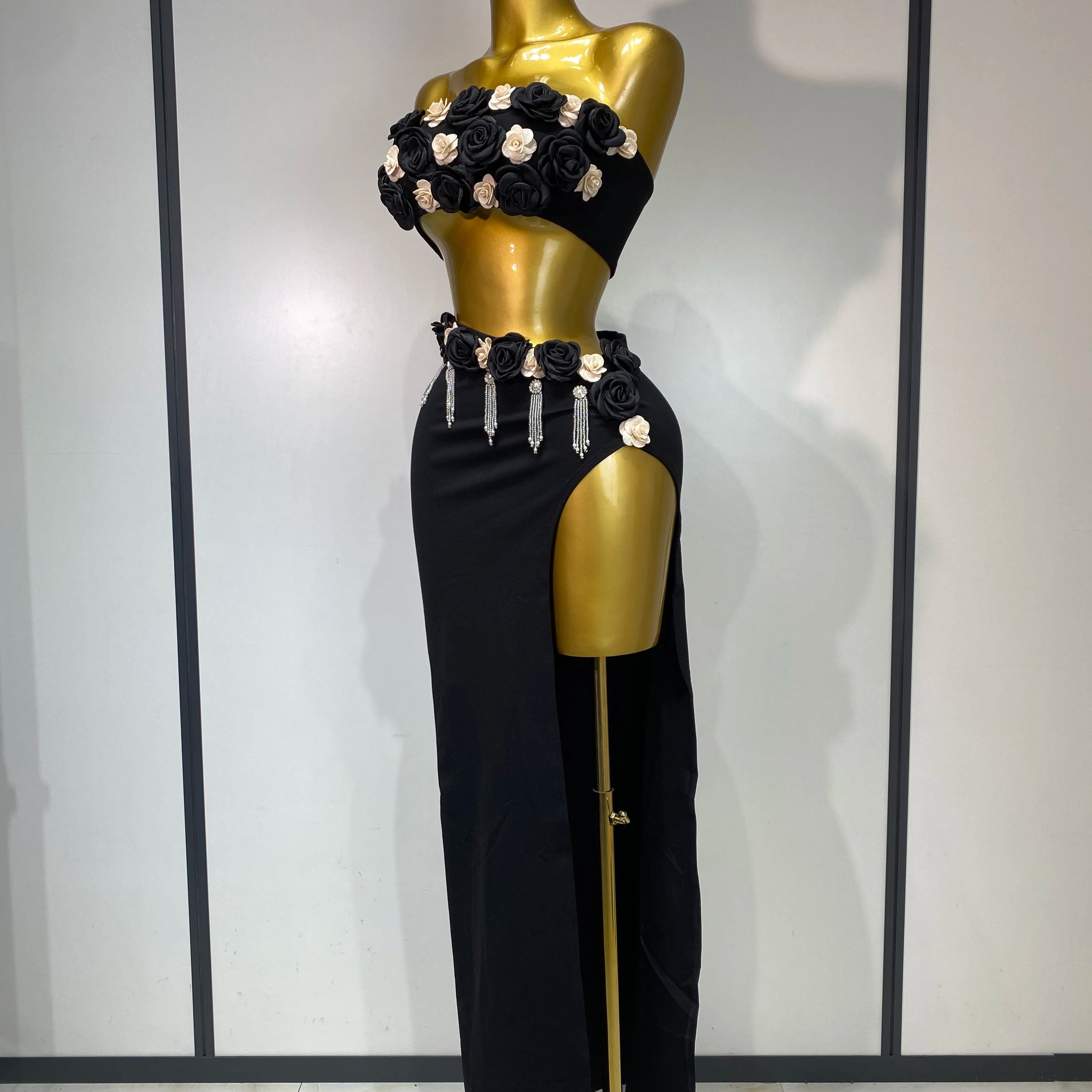 Women Sexy Flower Strapless Top High Slit Long Skirt Elegant Evening Party Two Piece Set Luxury Birthday Club Gown