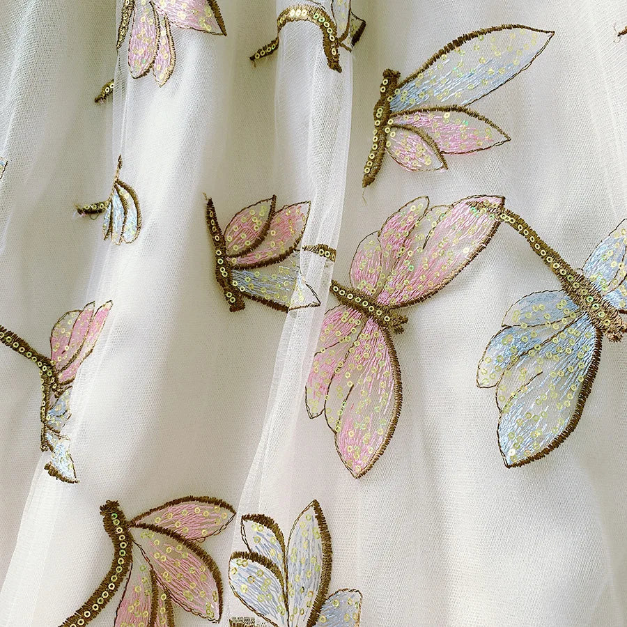 Luxury Sequines Dragonfly Embroidered Tulle Skirts Womens New Summer Fairy Glitter Mesh Skirts High Waist Long Tutu Skirts