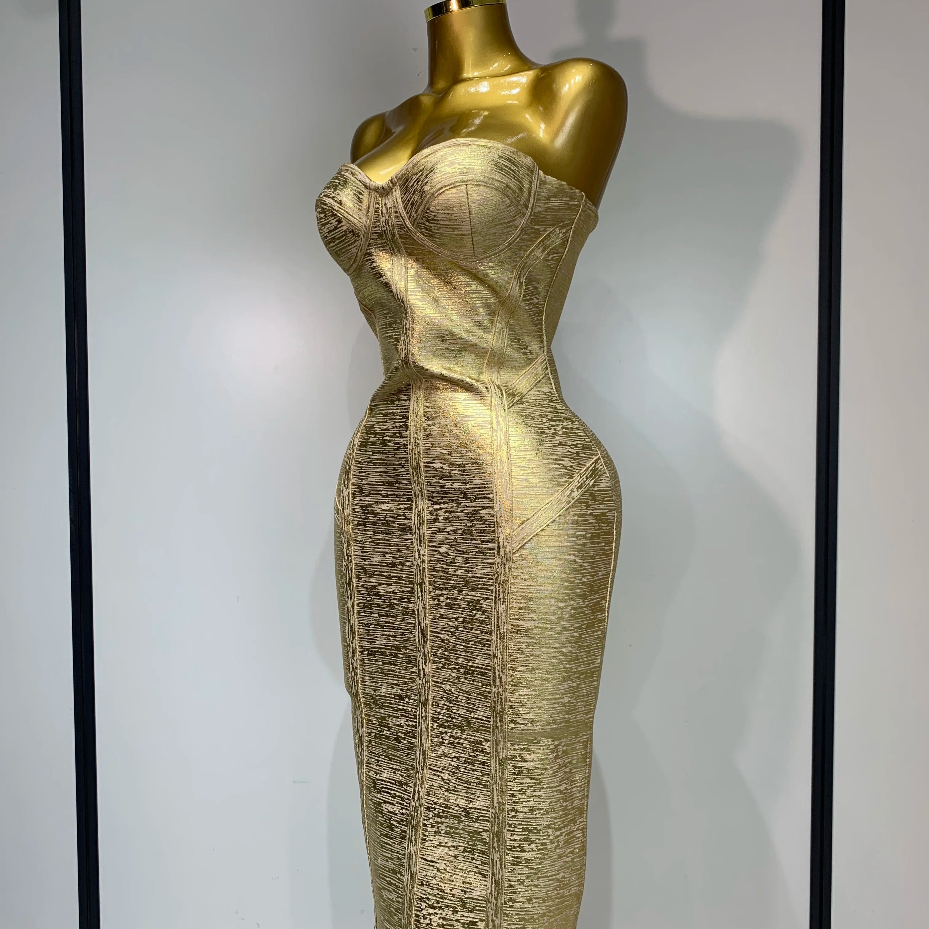 Women Sexy Gold Strapless Bodycon Bandage Dress 2025 Fashion Celebrate Evening Party Luxury Birthday Wedding Guest Dress
