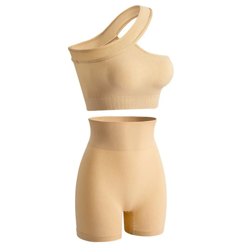 2Pcs Seamless Women Workout Sets Casual High Waist One Shoulder Yoga Outfits Tank Tops Ribbed Sports Bra Gym Apricot