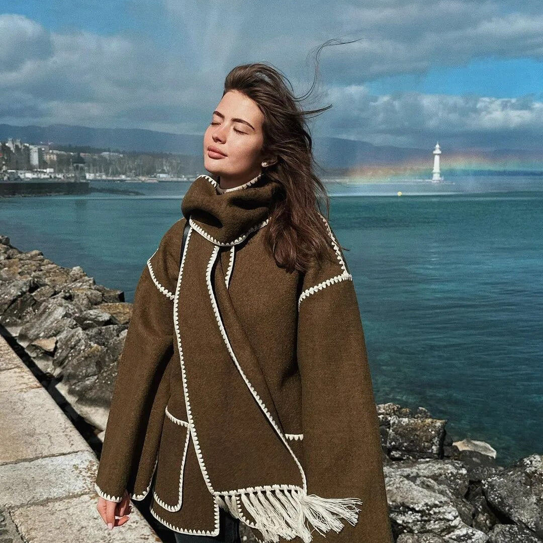 Women Woolen Coats with Tassel Scarf Autumn Winter Long Sleeve Single Breasted Warm Jackets Embroidery Pocket High Street Tops