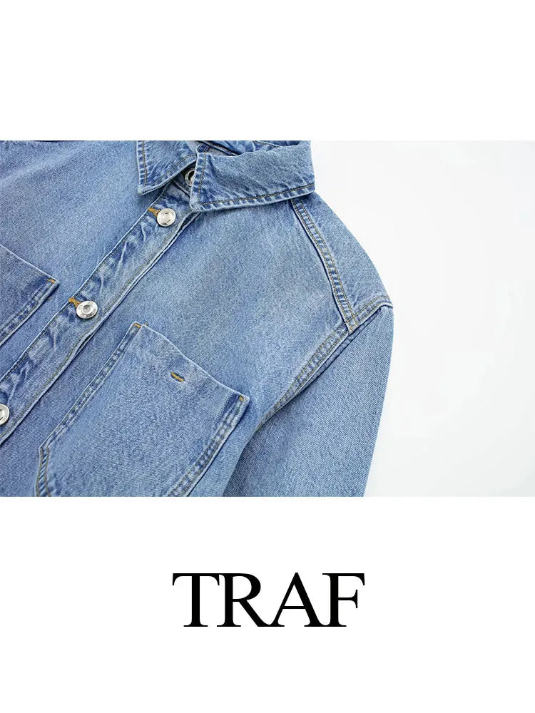 Women Retro Fashion Autumn Loose Long Sleeve Denim Jacket + High Waist Denim Midi Skirts Female 2 Pieces Set Ropa De Mujer