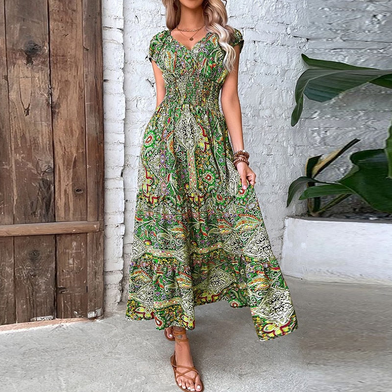 Women Vintage Print Long Dress Summer Elegant V Neck Elastic Waist Maxi Dresses 2024 Holiday Bohe Sexy Short Sleeve A-line Robe Army Green