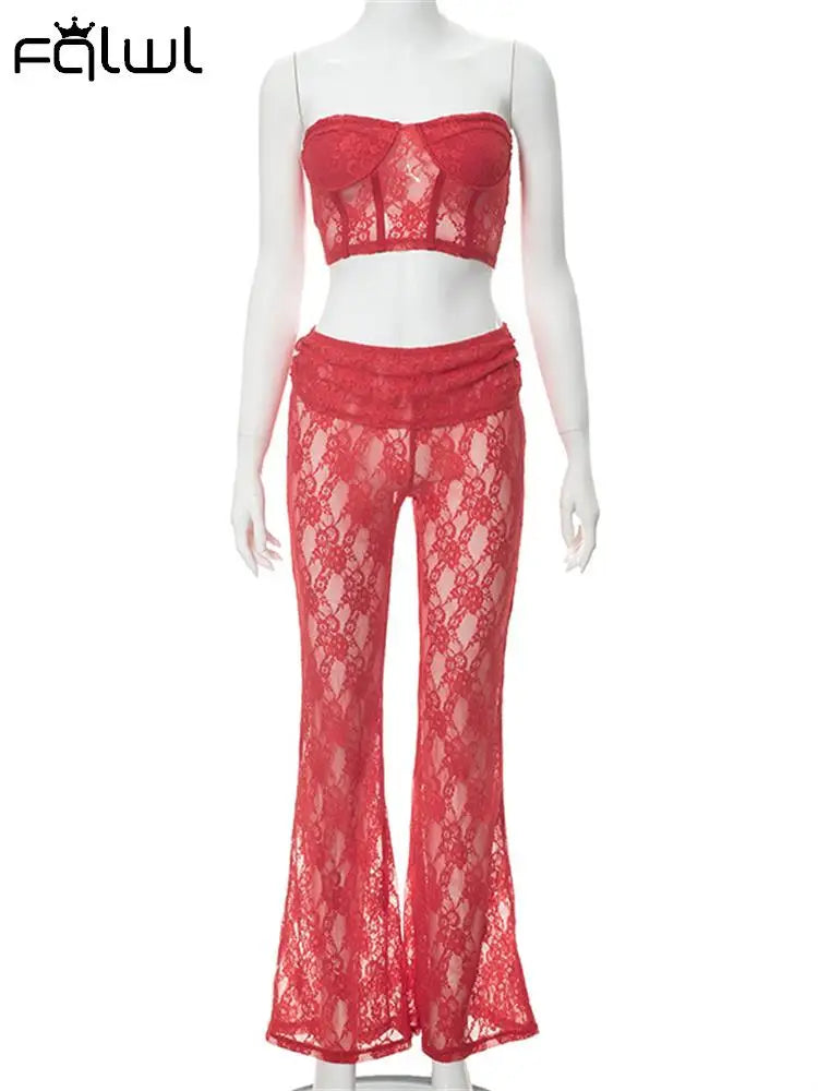 Habbris Spring Strapless Bodycon Crop Top Pants Sets Party Club Outfit For Women 2023 Sexy Red Lace Sheer 2 Two Piece Pants Sets