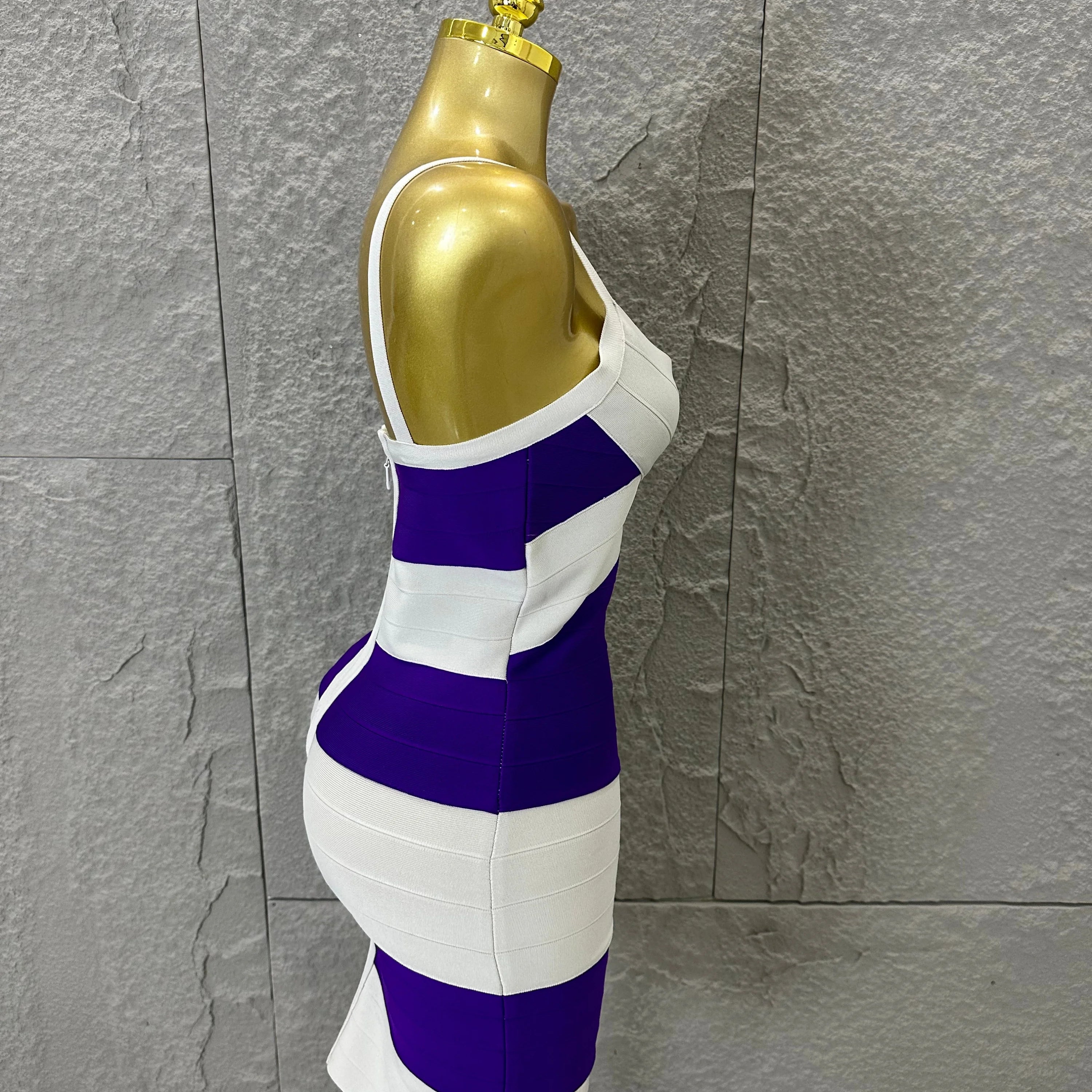 Chic Purple White Striped Bandage Dress Women Sleeveless Sweetheart Neck Bodycon Formal Office Casual Event Wear