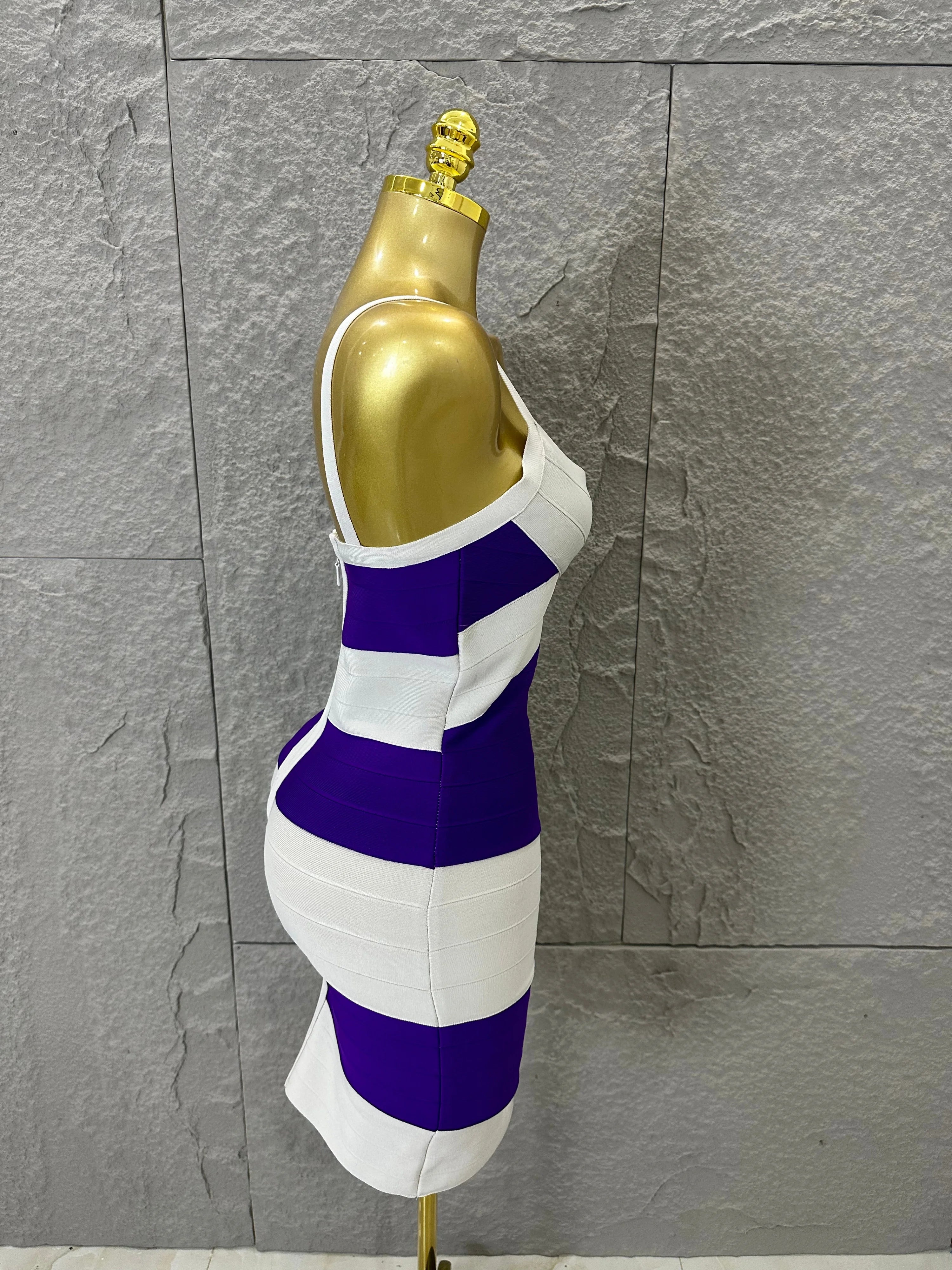 Chic Purple White Striped Bandage Dress Women Sleeveless Sweetheart Neck Bodycon Formal Office Casual Event Wear