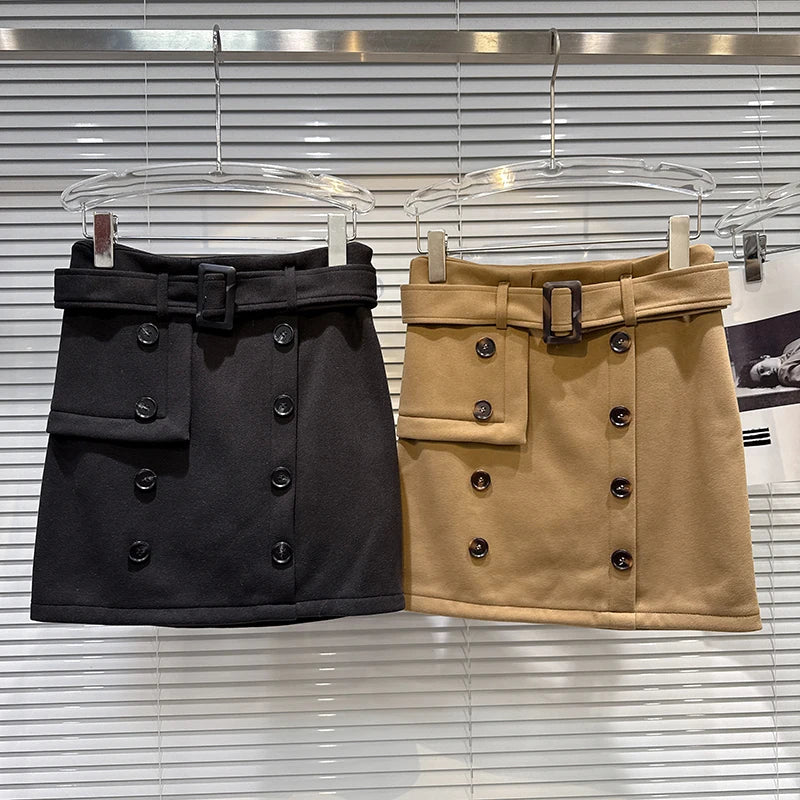 Winter New Fashion Style Double-Breasted Belted Woolen Short Skirt For Woomen Wrapped Hip A-line Skirts 11A07803