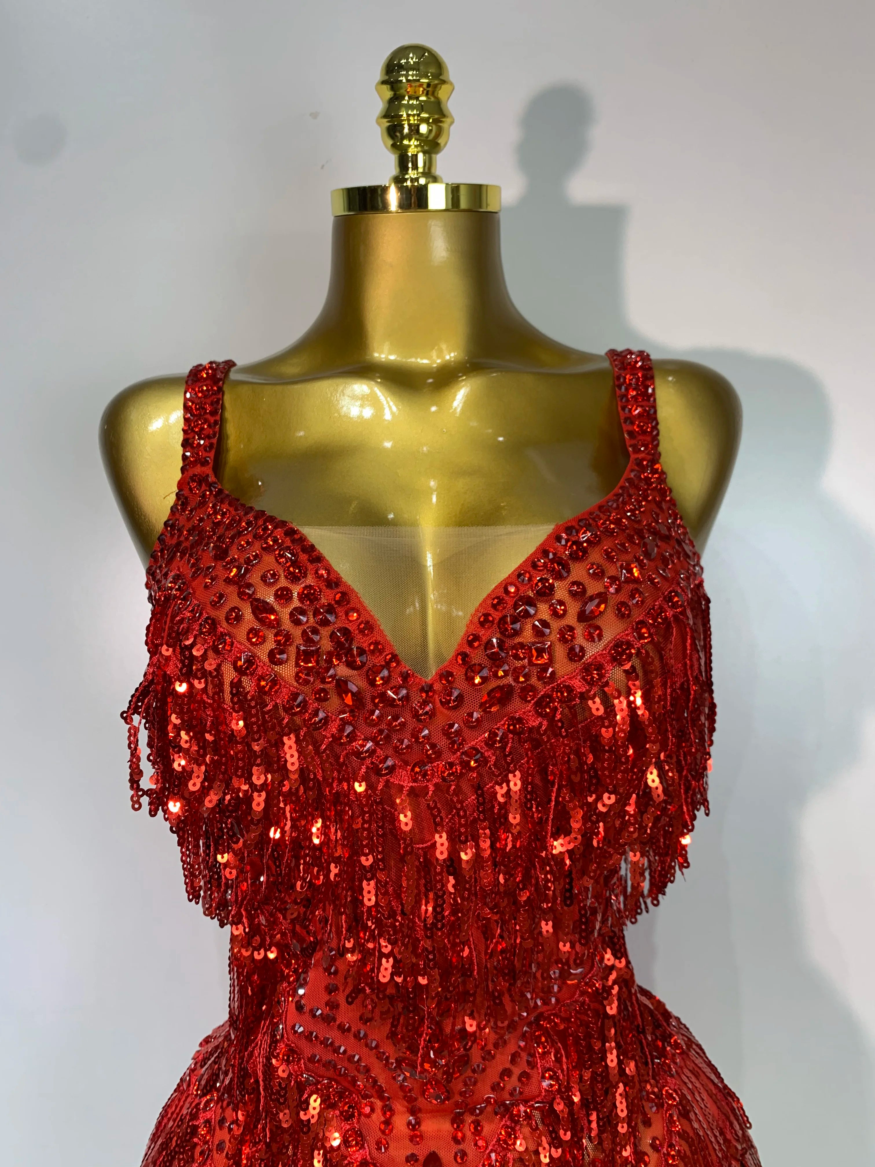 Sparkly Rhinestone Tassel Sexy Backless Mesh Bodysuit Women Luxury Birthday Party Nightclub Bar Dencer Stage performance Costume