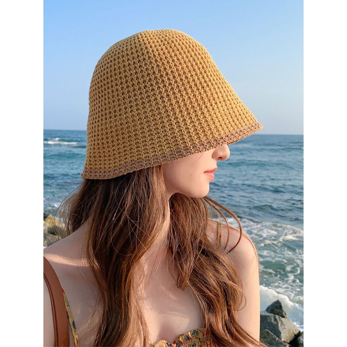 Summer Bicolor Knit Bucket Hat For Woman 2024 Trendy Black Bucket Hat Sun Caps Fashion Trend Charm Y2k Young Girl Kpop Gift Girl 3 55-59 cm