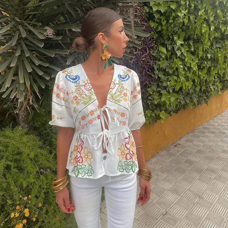 Red Plaid O-neck Lace Up Women Shirts And Blouses Puff Sleeve Hollow Out Women's Shirt Summer Casual Ruffles Female Tops Brown