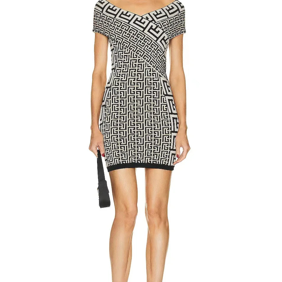 Women Sexy Slash Neck Off the Shoulder Bodycon Mini Bandage Dress Jacquard Elegant Evening Party Dress Wholesale black