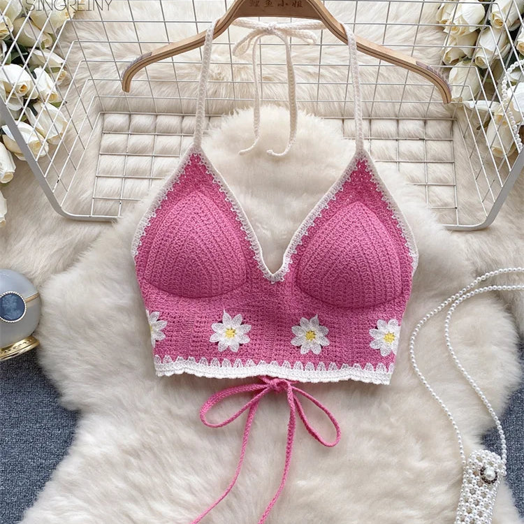 SINGREINY Floral Hook Knit Camisole Women Elegant Backless Fashion Vacation Ladies Backless Summer Bikini Sexy Beach Bra rose One Size