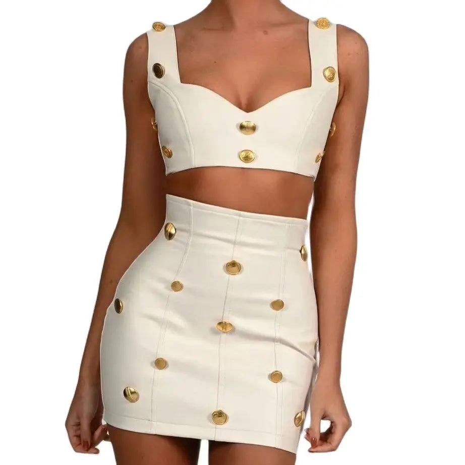 2023 New Summer Beige Color Golden Buttons Short Tank Top And Mini Skirt Set 2 Pieces Hotsweet Woman Evening Party Outfit Beige