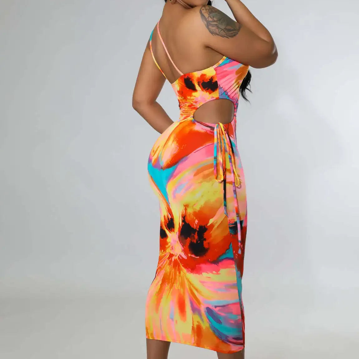 2022 Tie Dye Summer Womem Bodycon Bandage Spaghetti Strap Skew Neck Sleeveless Midi Dress Sexy Party Evening Club Dress