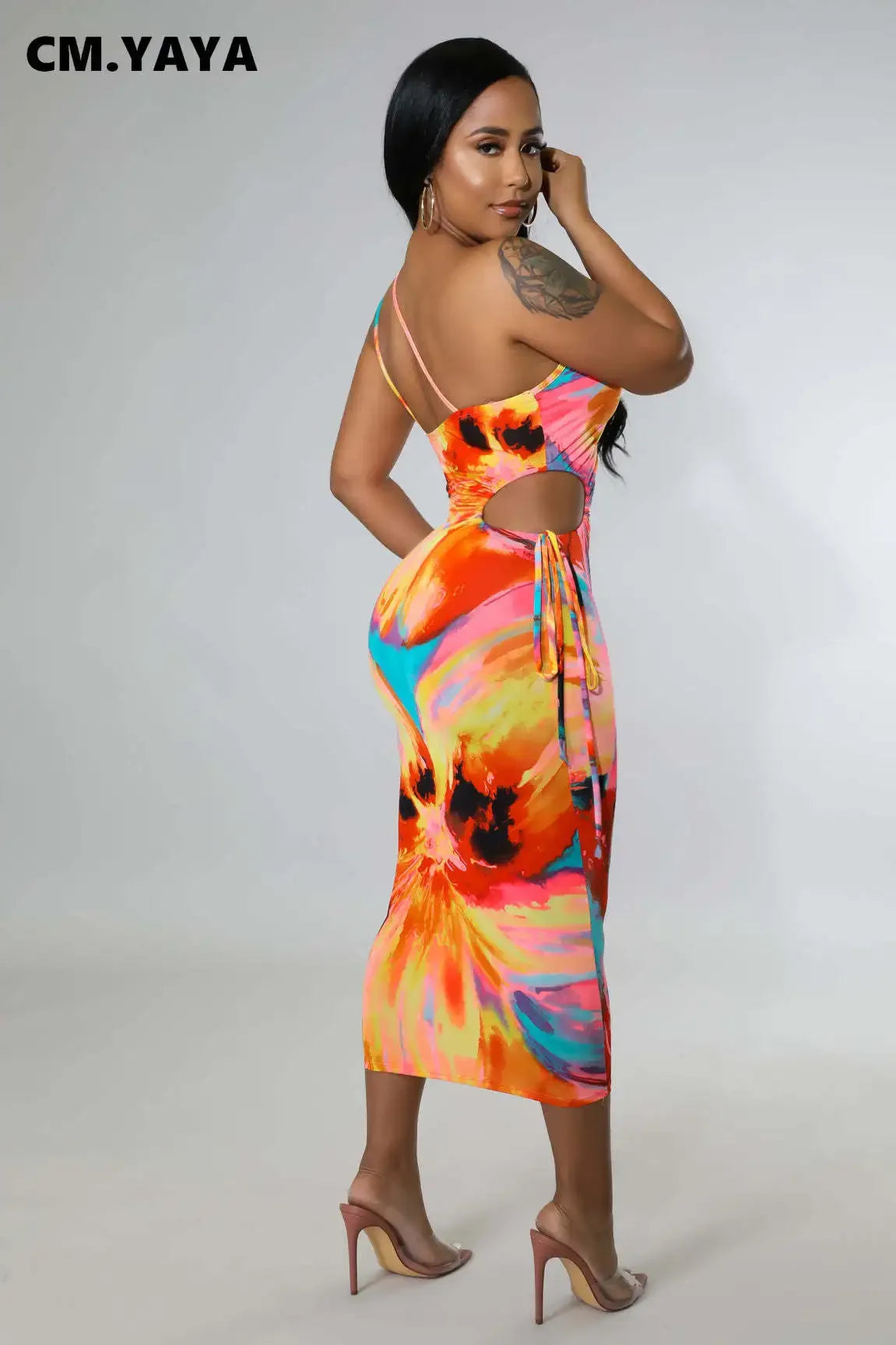 2022 Tie Dye Summer Womem Bodycon Bandage Spaghetti Strap Skew Neck Sleeveless Midi Dress Sexy Party Evening Club Dress