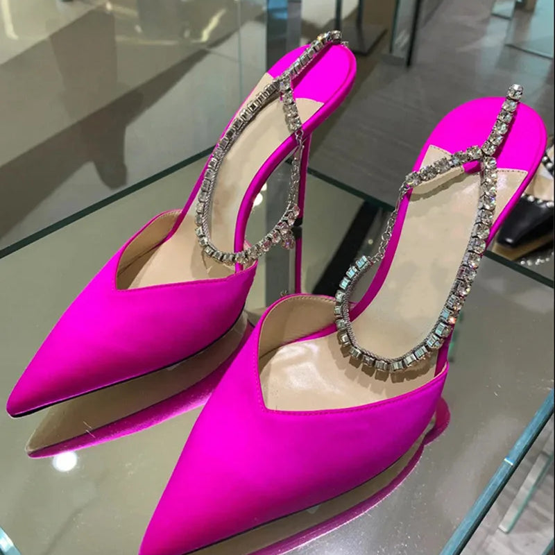 Luxury Rhinestones Chains Women Pumps Designer Sandals High Heels Summer Ankle Strap Party Shoes Star Style Wedding Prom Shoes Rose