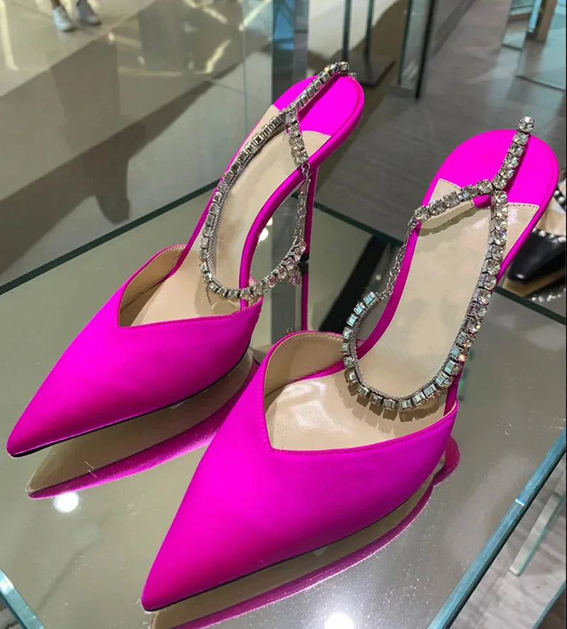 Luxury Rhinestones Chains Women Pumps Designer Sandals High Heels Summer Ankle Strap Party Shoes Star Style Wedding Prom Shoes Rose