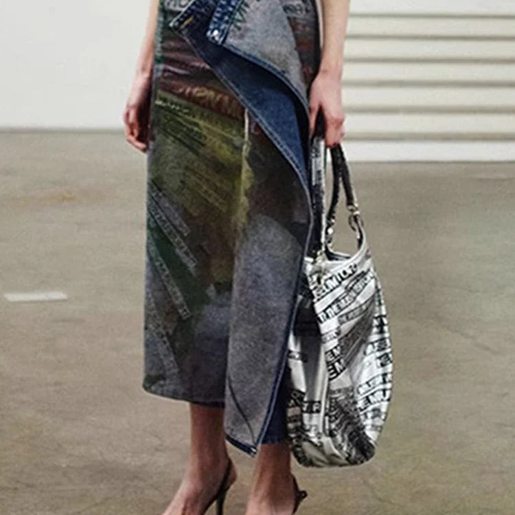 DEAT Fashion Women's Denim Skirt Double-sided Irregular Print Washed Zip Spliced Mid-calf Cotton Skirts Autumn New 7AB224