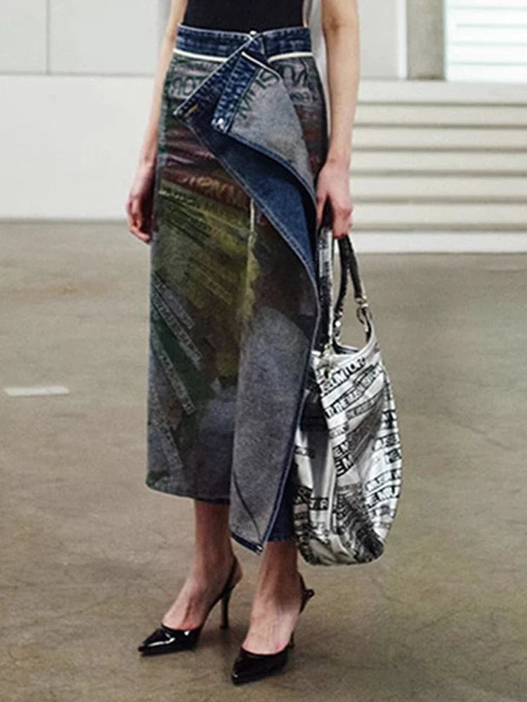 DEAT Fashion Women's Denim Skirt Double-sided Irregular Print Washed Zip Spliced Mid-calf Cotton Skirts Autumn New 7AB224