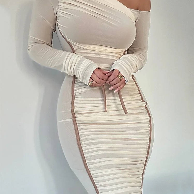 Mozision Diagonal Collar Long Sleeve Midi Dress For Women Two Layer Mesh Backless Ruched Bodycon Club Party Sexy Long Dress White