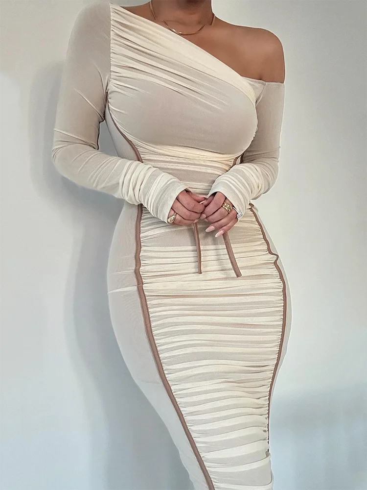 Diagonal Collar Long Sleeve Midi Dress For Women Two Layer Mesh Backless Ruched Bodycon Club Party Sexy Long Dress White