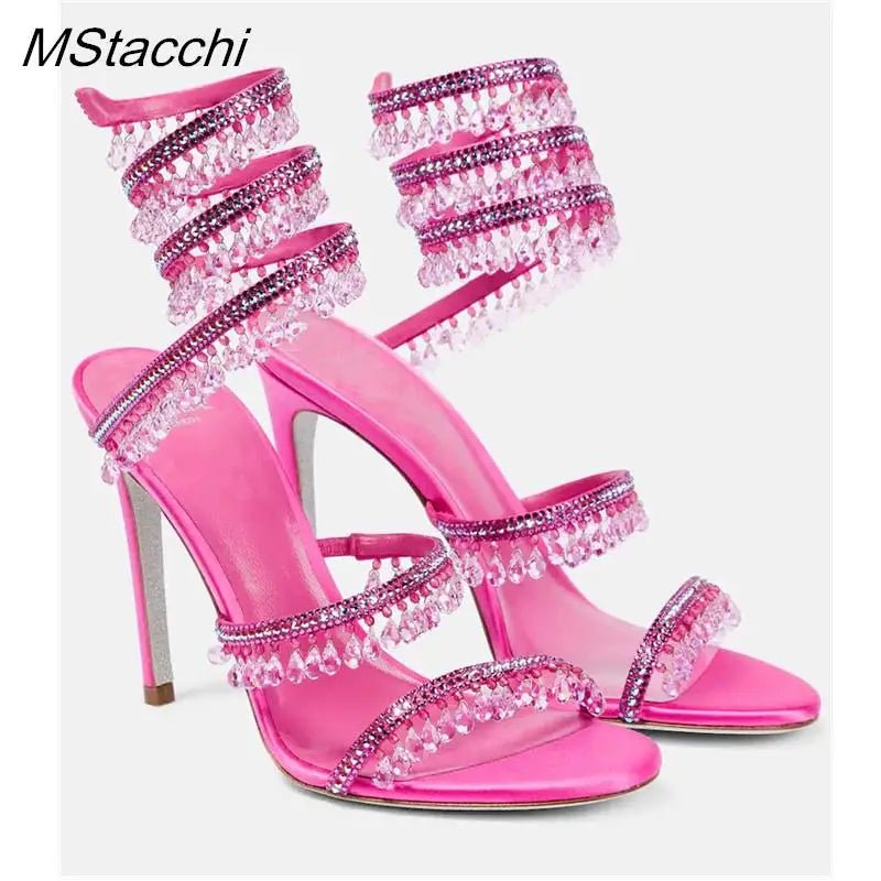 Crystal Wrap Sandals Women Summer 2024 Wedding Shoes High Heel Party Shoes Ankle Strappy Sandals Designer Stiletto Heel Shoes pink