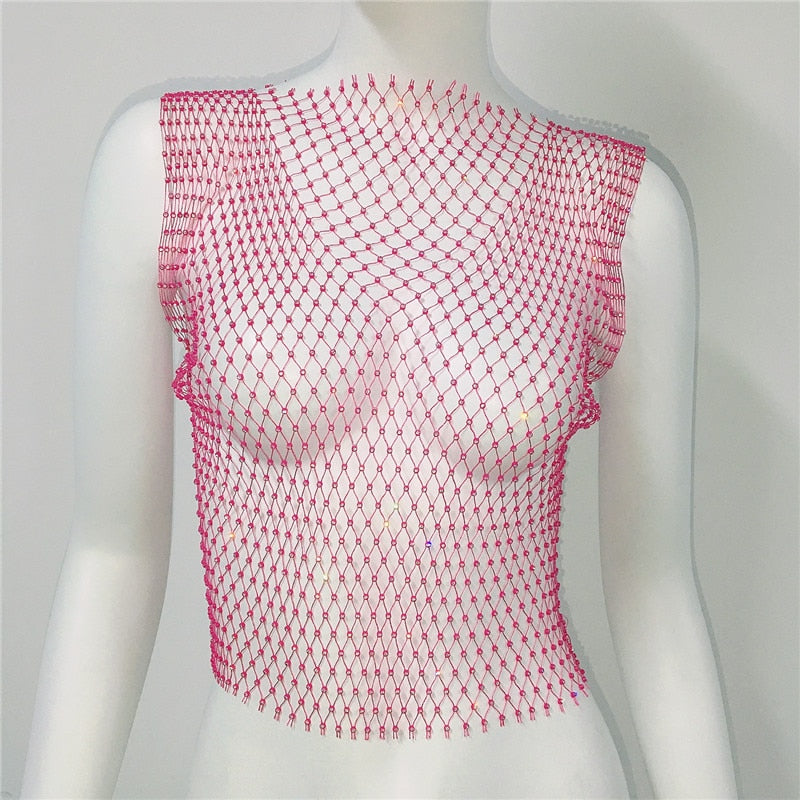 Women's Fishnet Rhinestone Crop Top 2024 Summer Sexy Mesh High Elastic Black White Shirt Net See Through Rave Diamond Tank Top Red