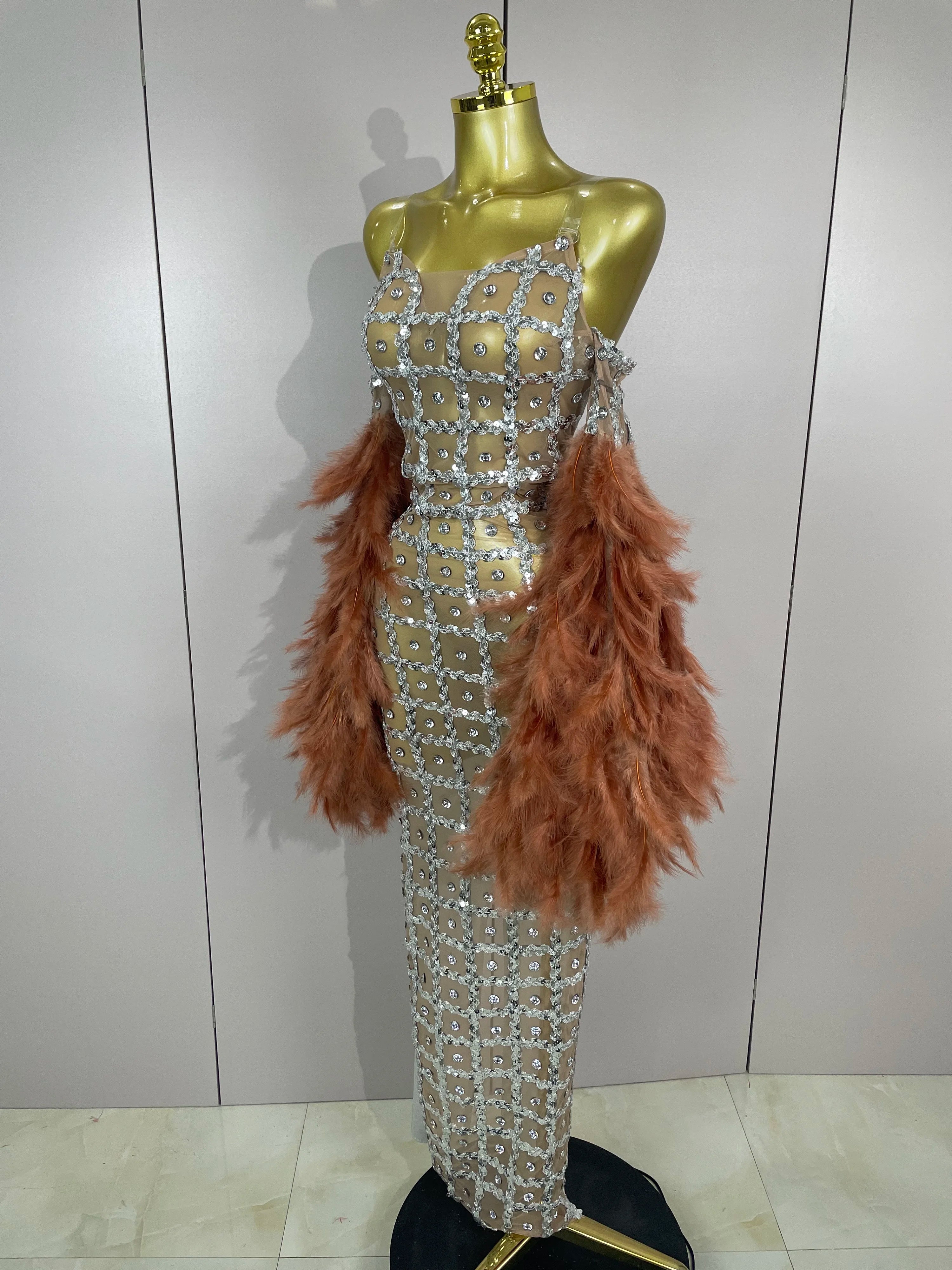 Luxury Sparkling Diamond Feather Mesh Tight Sexy Mesh Long Dress 2025 Women Birthday Party Nightclub Stage Performance Costume