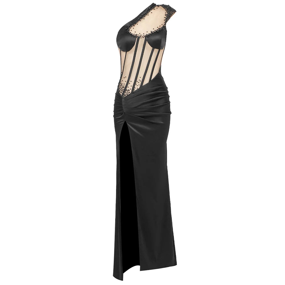 Elegance Satin Mermaid Gown One Shoulder Tulle Patchwork Stripes Crystals Details Pleated High Slit Celebrity Cocktail Gowns black