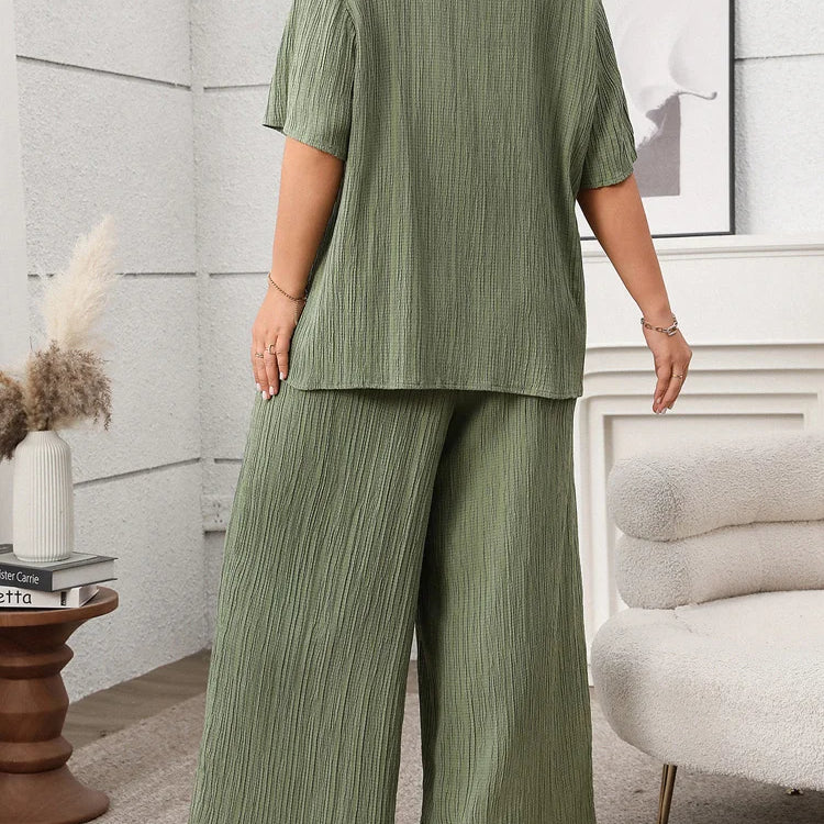 GIBSIE Plus Size Spring Summer Women Two Piece Set Loose Lace-up Shirt Top + Wide Leg Pants 2025 Female Casual 2 Piece Outfits