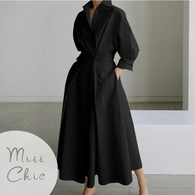 S-5XL Korea Fashion Long Sleeve Shirt Shirt Dress Chic Turndown Neck Ruched Maxi Dress Women 2022 Autumn Winter Clothes Streetwear