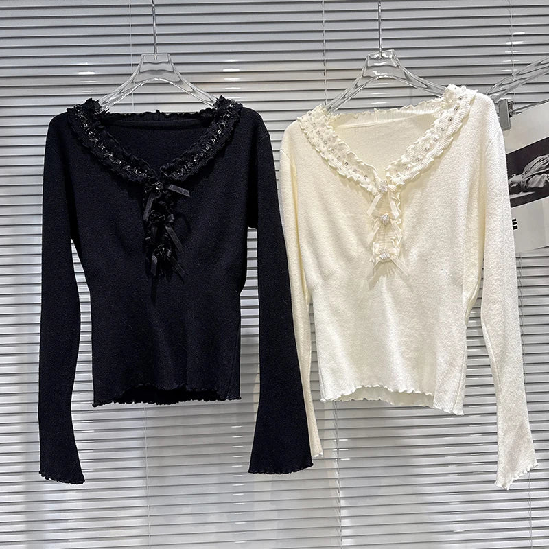 Winter New Sweet Fashion V-Neck Lace Rhinestone Elastic Knitted Sweater For Women Slim Fit Pullover Female 11A07928