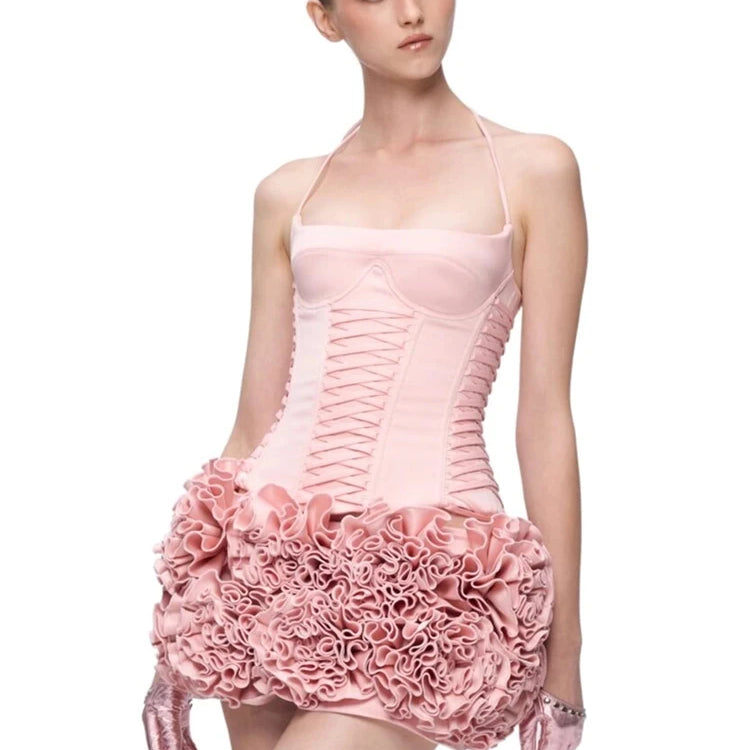 Dreamy Adorable Pastel Pink Two-Piece Set Dress Halter Corset Top and Ruffled Mini Skirt for Trendy Occasions Evening Gown