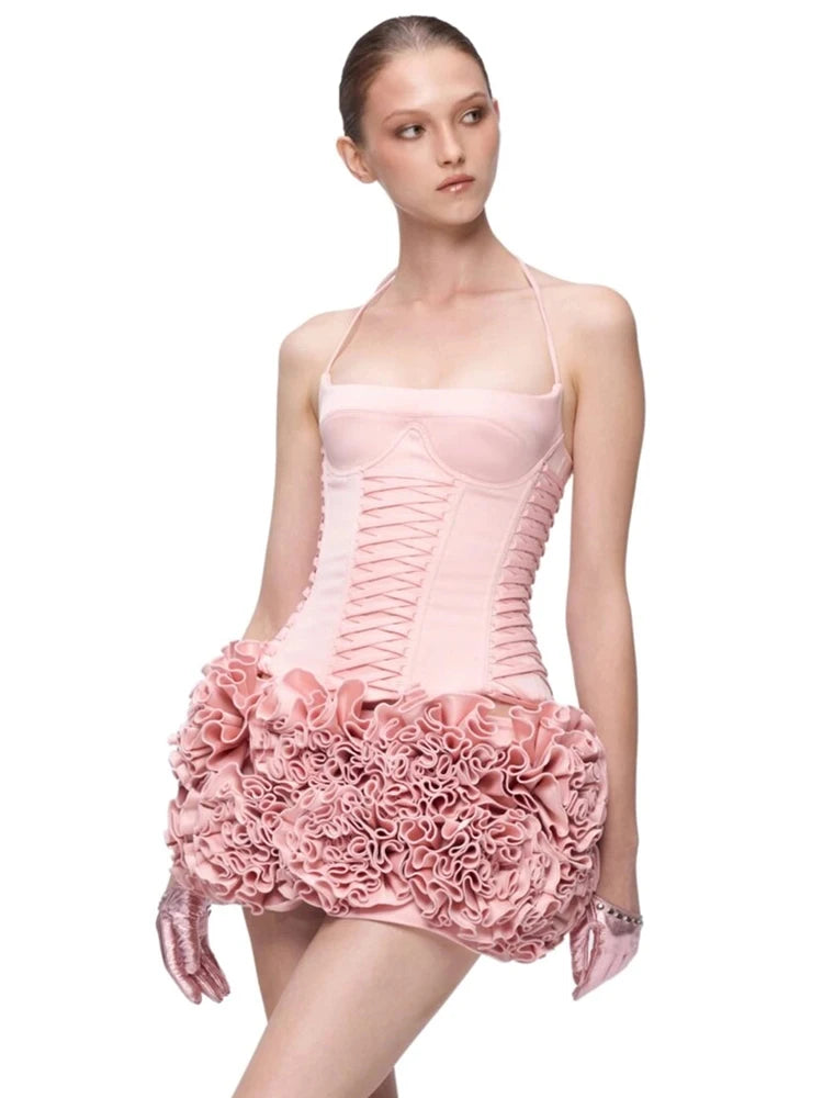 Dreamy Adorable Pastel Pink Two-Piece Set Dress Halter Corset Top and Ruffled Mini Skirt for Trendy Occasions Evening Gown