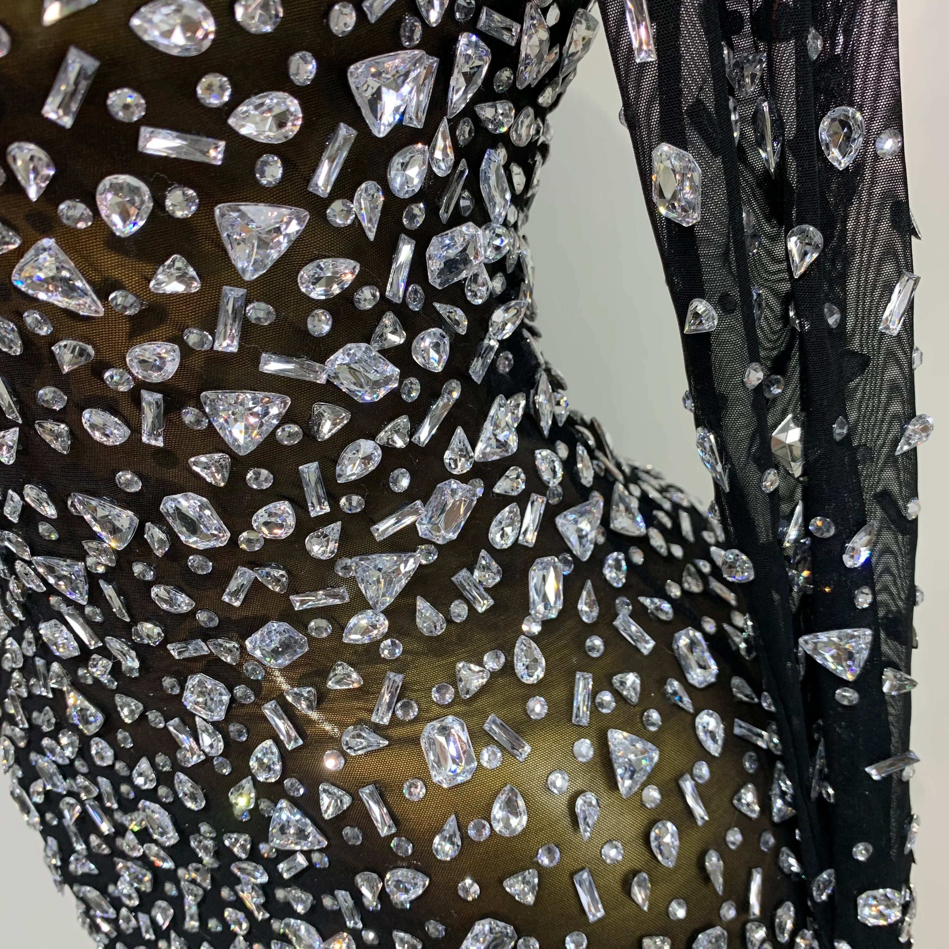 Sparkly Rhinestone Sexy Transparent Mini Dress Celebrity Evening Party Prom Birthday Photo Shoot Nightclub Stage Costume