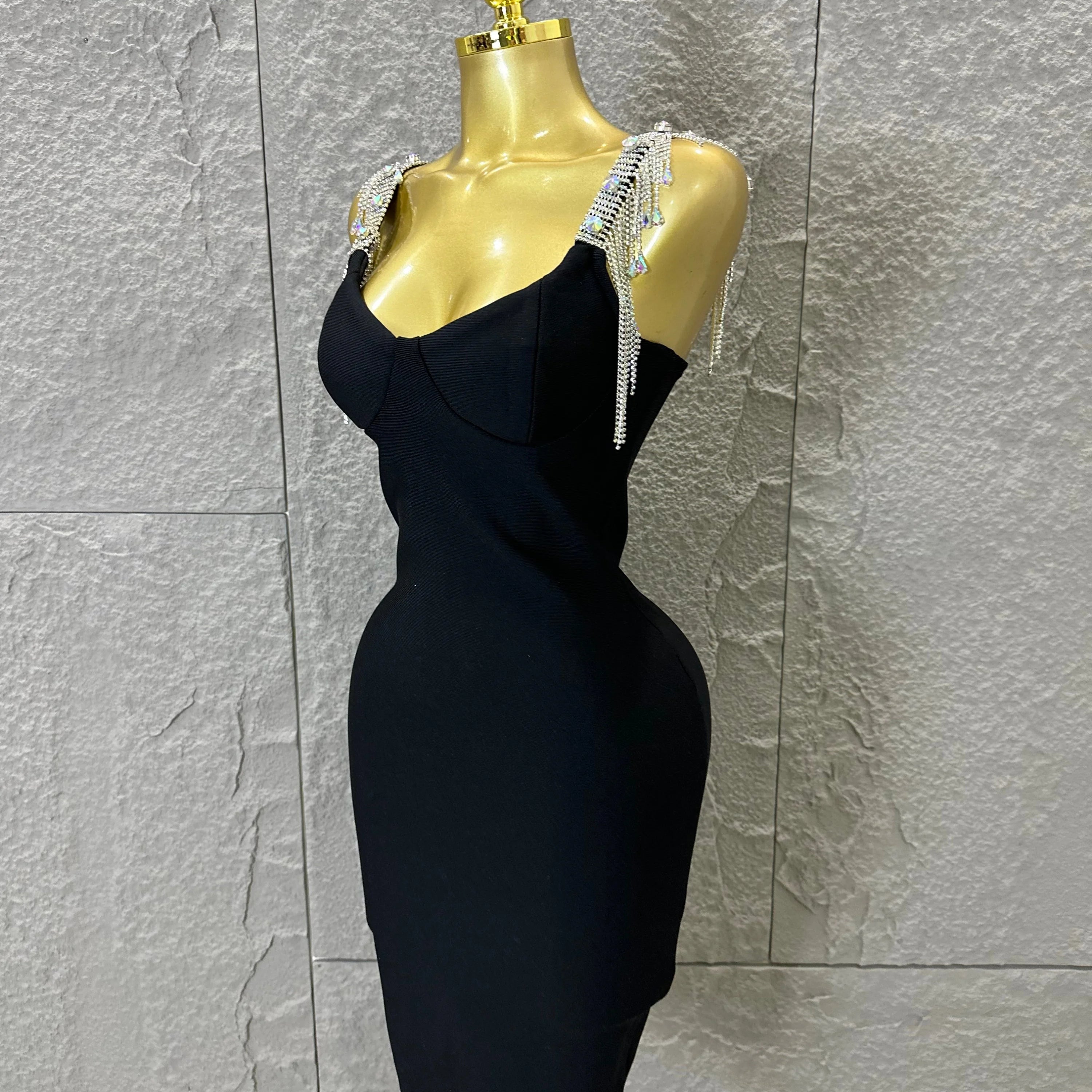 Elegant Sweetheart Neck Mini Dress Women Sexy Crystal Tassel Embellished Spaghetti Strap Bodycon Outfit Formal Event Party