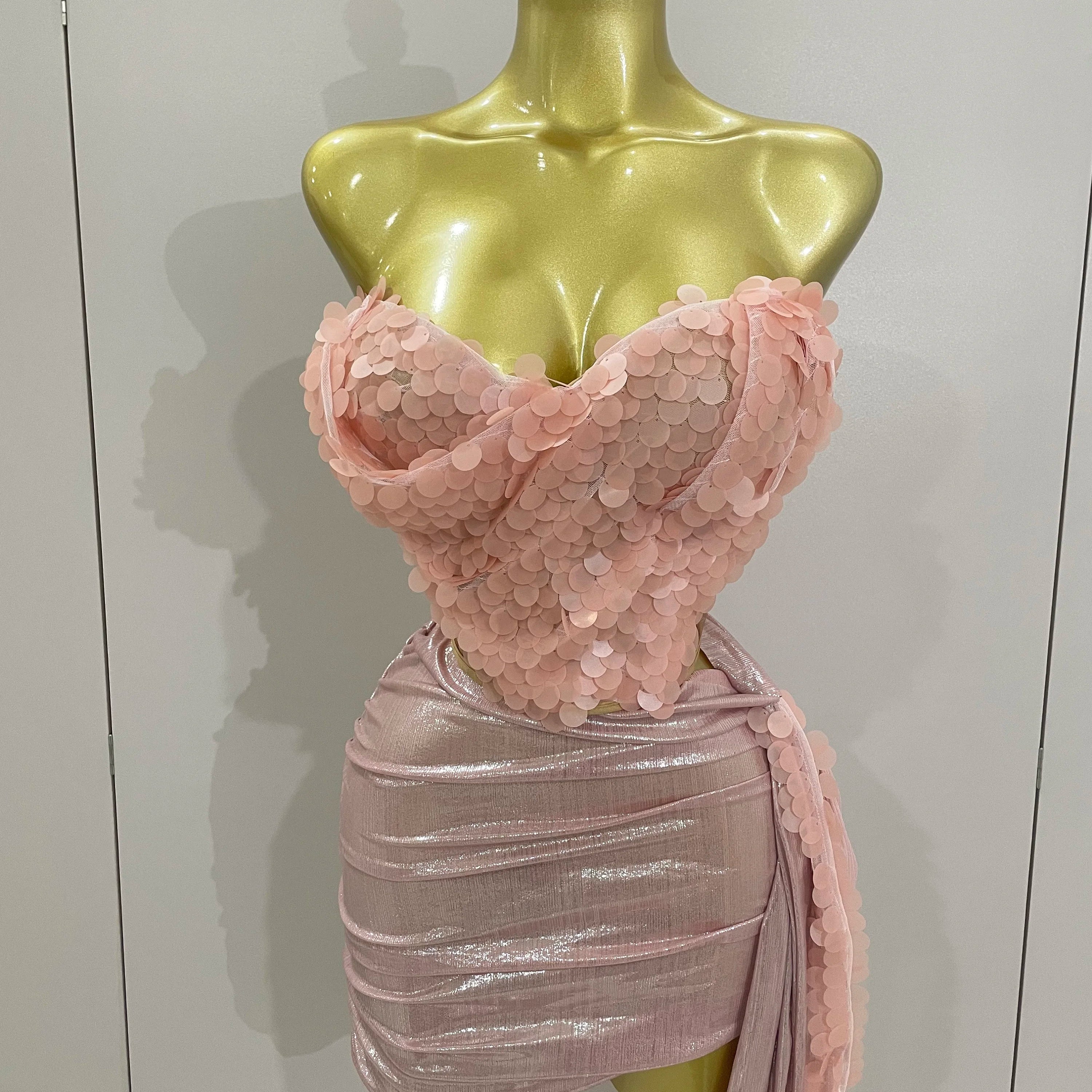 2025New Sexy Pink Sequin Strapless 2 Pieces Bodycon Mini Dress Women Celebrate Birthday Party Bar Singer Nightclub Stage Costume Pink